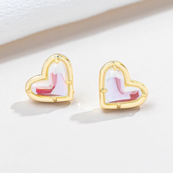 Alicia Bonnie In Love Dichroic Glass Heart Stud Earrings, 14K Gold Plated - Picture 1 of 8